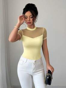 Elenzga Women's 2025 Summer Solid Color Versatile Mesh Patchwork Round Neck Short Sleeve T-Shirt - Light Yellow - View 4