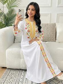 SHEIN Tween Girls' Loose Long White Print Dress, Suitable For Middle Eastern Cultural Festivals And Parties - White - View 6