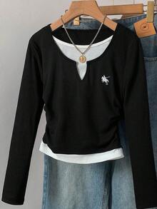 SHEIN 少女海军蓝白拼接腰部褶皱修身小Logo印花长袖针织休闲T恤 - 黑與白 - 查看 5