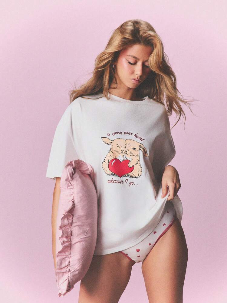 MISSGUIDED 귀여운 토끼 하트 프린트 반팔 라운드넥 릴렉스핏 캐주얼 탑이 있는 오버사이즈 그래픽 티셔츠