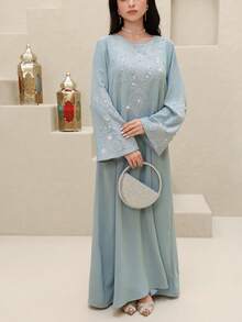 Al Najma Đầm xòe tay bồng dáng rộng kiểu Ả Rập thanh lịch dành cho nữ, thêu hoa và đính đá, thích hợp cho mùa xuân/thu. - Màu xanh lam - Xem 2