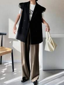 FRIFUL Women's Solid Black Sheer Mesh Patchwork Loose Casual Versatile Blazer Jacket - Black - View 5