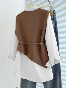 Franclia 2025秋季新品：女士二合一外套衬衫套装，采用巧妙的不对称剪裁、精致的纽扣装饰和可调节腰带，流畅的线条勾勒出纤细的身形，适合办公室通勤、休闲周末和日常外出等各种场合。棕色衬衫，适合工作场合，女士职业上衣，不对称上衣，商务休闲女式衬衫。 - 棕色 - 查看 2