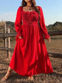 Ceyna 大码女装新款复古浪漫可爱碎花波西米亚风前后系带荷叶边串珠蝴蝶结长袖A字连衣裙，可作吊带裙、长袖连衣裙、红色连衣裙、沙滩裙、黑色半身裙，适合日常穿着、返校季、学院风、音乐节、婚礼季，春季、夏季皆宜。 - 紅色 - 查看 1