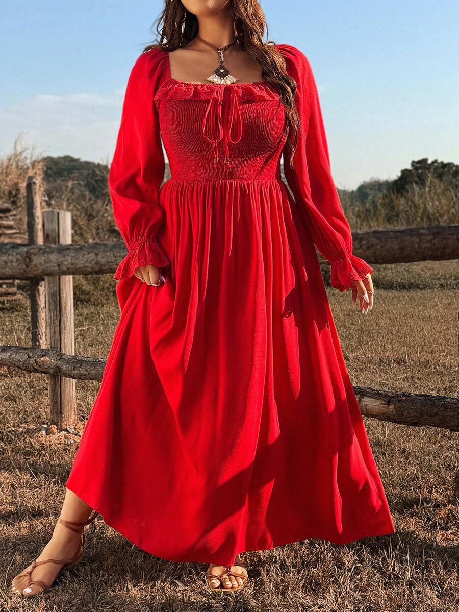 Ceyna 大码女装新款复古浪漫可爱碎花波西米亚风前后系带荷叶边串珠蝴蝶结长袖A字连衣裙，可作吊带裙、长袖连衣裙、红色连衣裙、沙滩裙、黑色半身裙，适合日常穿着、返校季、学院风、音乐节、婚礼季，春季、夏季皆宜。 - 紅色 - 查看 1