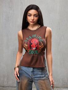 SHEIN HOT STUFF ملابس علوية صيفية للنساء بنمط كرتوني مع شق جانبي وظهر مكشوف وربطة خلفية - قهوة بني - مشاهدة 4