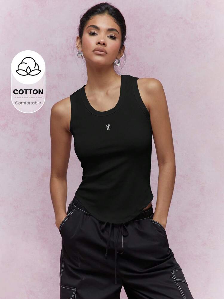 MISSGUIDED Embroidered Logo Ribbed Curved Hem Tank Top