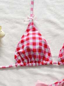 Swim Mod 女士甜美格子26ss新款比基尼三件套，简约沙滩度假泳装 - 彩色 - 查看 4