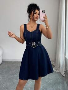 Elenzga Women's Casual Fashion Sleeveless Denim Dress With Waist Buckle Design - Dark Wash - View 3