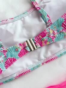 Set 3 Potong untuk Anak Perempuan Remaja: Rok Motif Kerang Kasual Liburan Pantai Warna Coral, Tankini Baju Renang Warna Pink, Gaya Liburan Pantai - Hot Pink - View 6