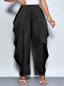 SOLERSUN Women's Elegant Fashion Loose Pleated Pocket Satin Pants, Suitable For Afternoon Tea, Gathering, Fashionable Outing, Dating, Sweet Outing, Night Out, Christmas Party, New Year's Eve, Holiday , Sexy Women's , Club , Suitable For Christmas Party Vacation & Valentine's Day Dating - Black - View 3