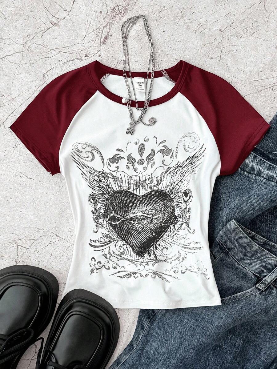 少女夏季白色爱心印花休闲简约圆领图案T恤 - 紅色 - 查看 1