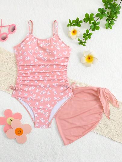 SHEIN 少女碎花荷叶边连体泳衣，配纯色系带前裙