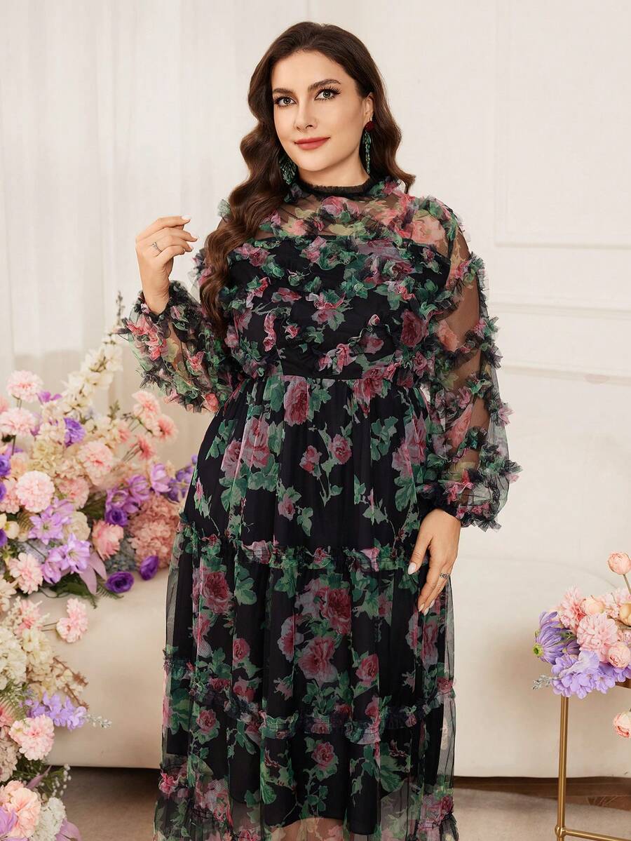 Modelyn 大码女式优雅印花长款网纱连衣裙,春秋季 - 黑色 - 查看 1