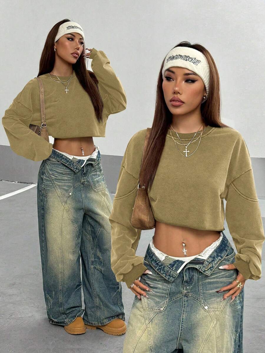 StreetHx Áo sweatshirt nữ cổ tròn, dáng rộng, lửng, màu trơn, đã qua xử lý giặt. - Màu xanh Ô liu - Xem 1