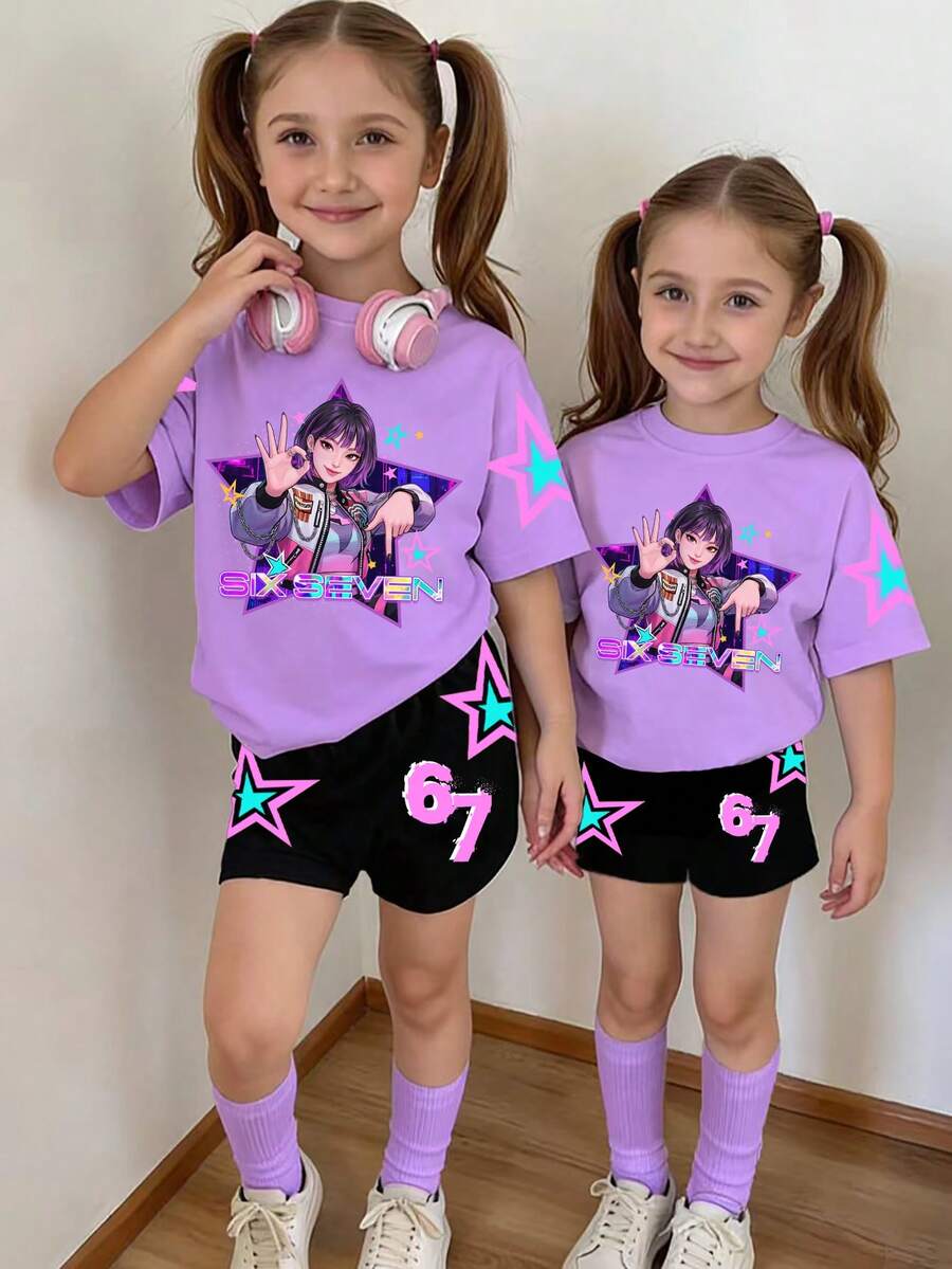 1 Set Young Girl Fashion Cartoon K-Pop Girl "SIX SEVEN" Letter Print Round Neck T-Shirt And Pentagram Print Shorts Set,Summer Birthday Outings,Purple - Multicolor - View 1