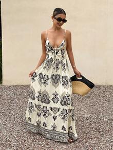 Livesso 春夏几何印花波西米亚休闲度假海滩优雅通勤宽松吊带连衣裙，饰有串珠系带细节 - 杏色 - 查看 2