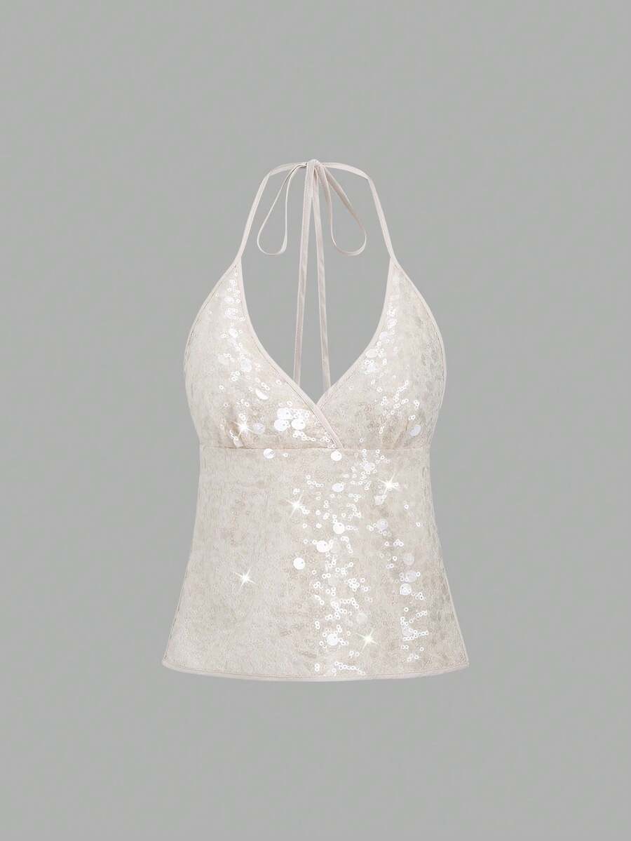 Elamini Women's New Bohemian Backless Halter Neck Beaded Camisole Top, Suitable For Beach Vacation - White - View 1