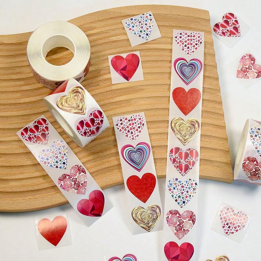 500pcs/Roll Heart Shape Holographic Stickers, Party Favors Decorative Stickers, Stationery Stickers For Valentine's Day GiftDecor - Multicolor - View 1