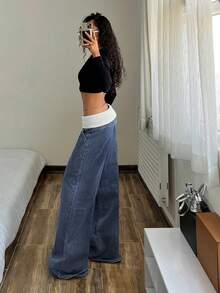 StreetHx 女士休闲时尚街头风日常通勤撞色翻边低腰宽松阔腿牛仔裤 - 藍色 - 查看 7