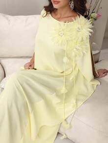 SHEIN Najma Women's Long Sleeve Tunic With 3D Floral Decor, Turkish & Arabic Traditional Style - Yellow - View 3