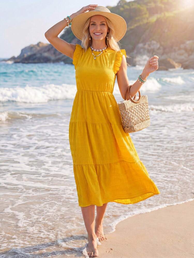 Solid Ruffle Trim Belted Dress