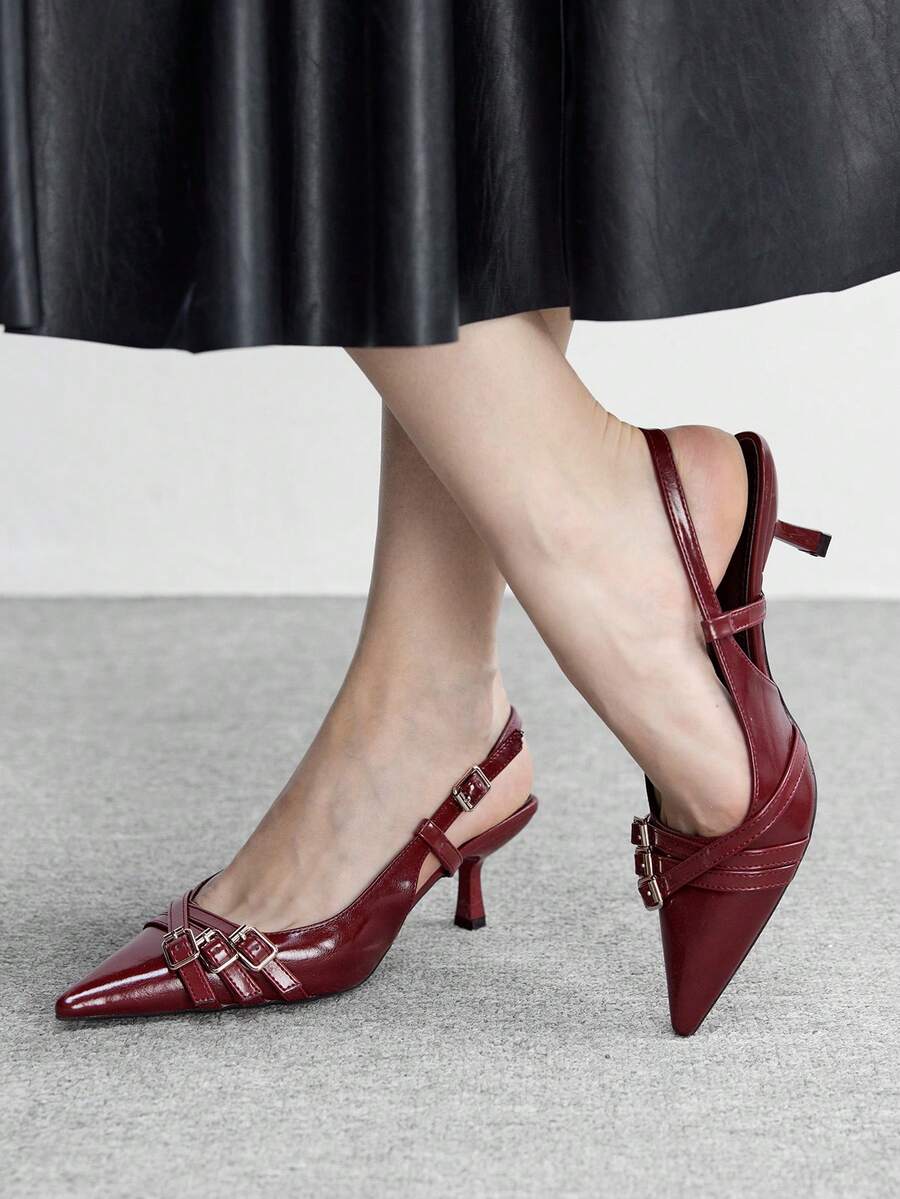 CUCCOO BIZCHIC Zapatos de tacón de gatito de punta fina para mujer, sencillos y de moda, sandalias de tacón con estilo punk para primavera, vacaciones de primavera, Pascua y baile de graduación - Color caoba - Ver 1