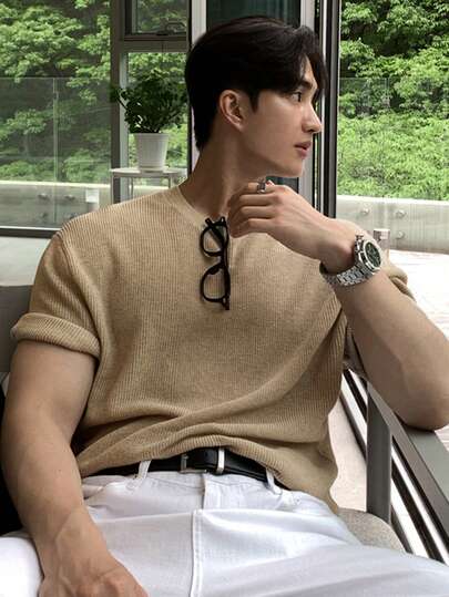 DAZY 男士纯色卡其色针织套头衫，适合通勤和夏季穿着