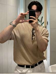 DAZY 男士纯色卡其色针织套头衫，适合通勤和夏季穿着 - 卡其色 - 查看 5