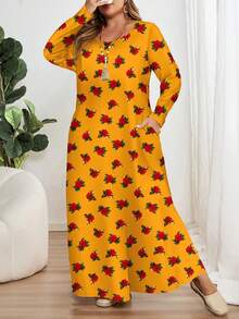EMERY ROSE Gaun Lengan Panjang Leher Bulat Motif Bunga & Cetak, Cocok Untuk Semua Musim, Gaun Bunga Kuning untuk Karnaval - MultiWarna - View 3