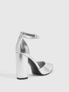 CUCCOO SZL Zapatos de mujer con hebilla, puntera puntiaguda y tacón grueso. Elegantes bombas de gamuza sintética negra con correa de tobillo negra para tacones de graduación, baile de graduación, vacaciones, zapatos de fiesta, estilo chic y elegante para fiestas, salidas nocturnas, primavera y Pascua - PU plateado - Ver 3