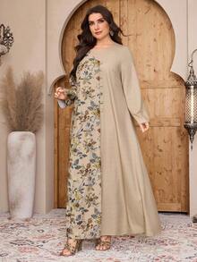 Al Najma Plus Size Women's Casual Vacation Style Floral Print Patchwork Flare Sleeve Loose Arabic Dress, Spring/Autumn - Multicolor - View 7