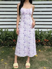 SHEIN 青少年女孩修身休闲碎花无袖连衣裙，舒适简约 - 紫色 - 查看 5