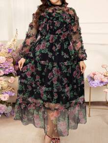 Modelyn 大码女式优雅印花长款网纱连衣裙，春秋季 - 黑色 - 查看 4