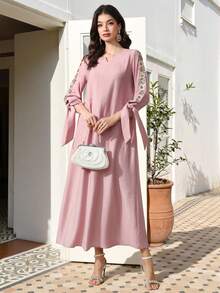 Al Najma Women's Elegant Long Arabic Style Dress Sequin Lace Decoration Modest Dress Summer Modest Dress - Pink - View 1