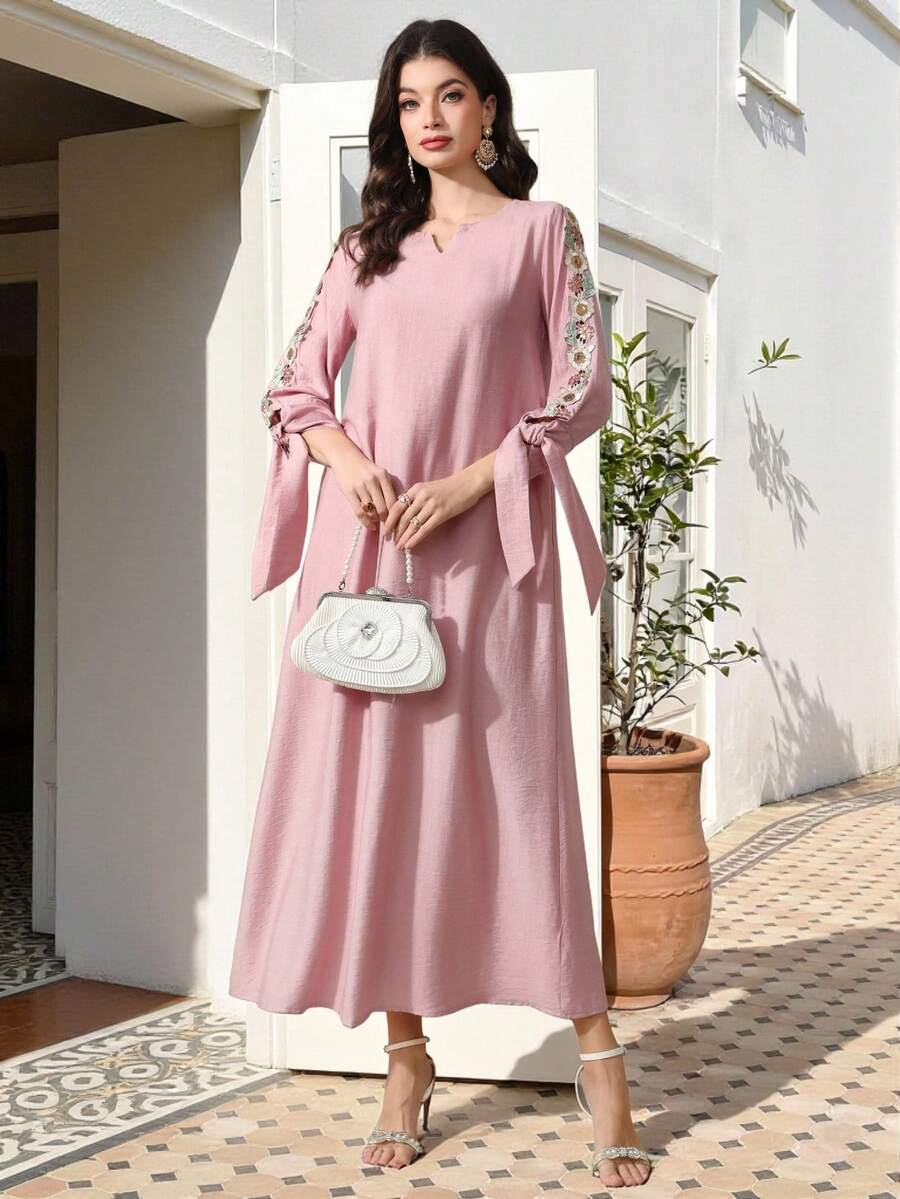 Al Najma Women's Elegant Long Arabic Style Dress Sequin Lace Decoration Modest Dress Summer Modest Dress - Pink - View 1