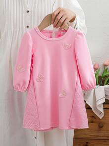 Baby Girls' Cute Sweet Pink Dual Fabric Ruched Petal Sleeve Butterfly Decor Long Sleeve Knee-Length Dress - Pink - View 5