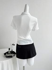 Sweetra Elegant French Classic White Intellectual V-Neck Pure White Lace Patchwork Short Sleeve Collegiate Style Solid Color Blouse, Waist Slimming Design For Women - White - View 4