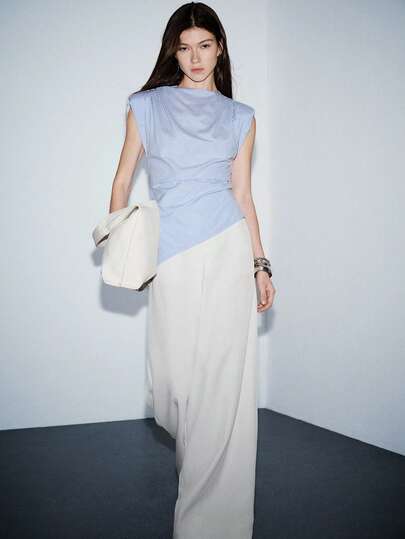 Lumivelle Women's Fashionable Elegant Striped Padded Shoulder Cap Sleeve Left Side Slit Ruched Asymmetric Hem Blouse Draped Top Asymmetrical Top Sleeveless Top Striped Top Blue And White Top