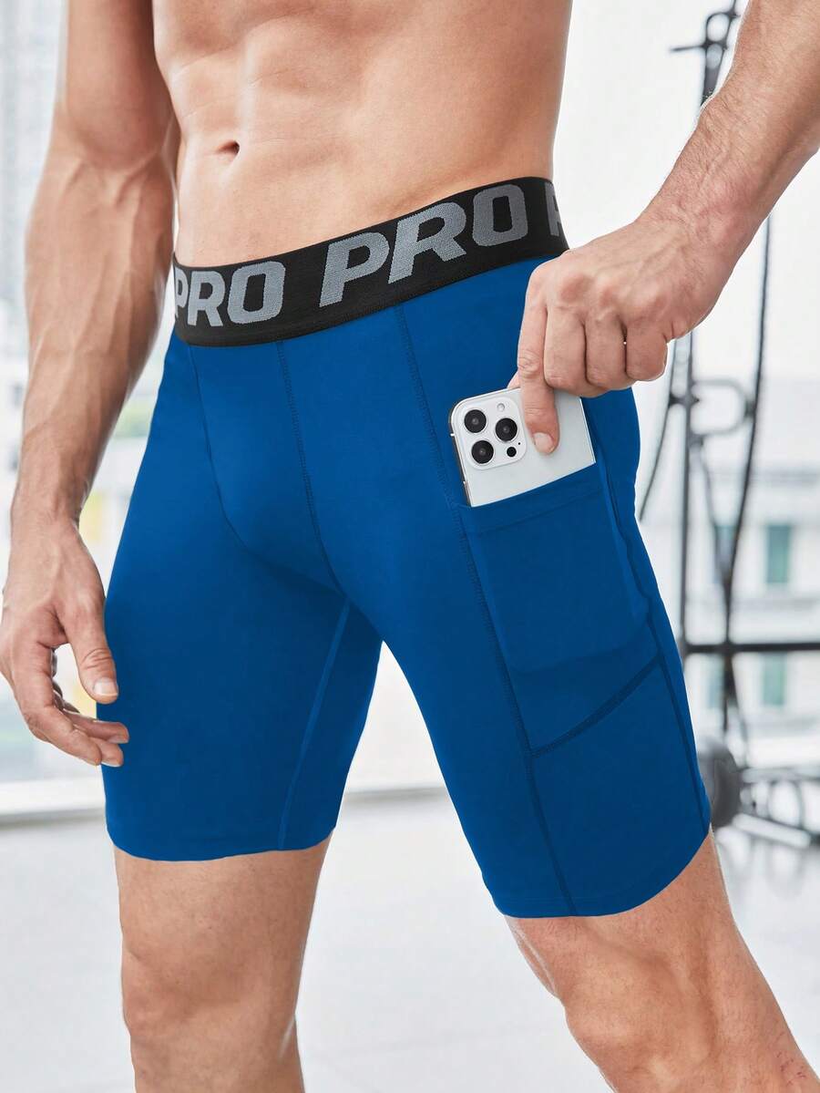 Manfinity Sport Corelite Men's Contrast Letter Tape Waist Patchwork Pocket Shapewear Sports Shorts - Blue - View 1