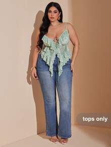 SHEIN BAE 大码优雅波点印花荷叶边吊带背心，适合夏季假期、春季女装、情人节、狂欢节、海滩度假、婚礼宾客等场合，休闲百搭，适合夏季假期、狂欢节、婚礼宾客等场合，曲线身材，绿色上衣 - 綠色 - 查看 3