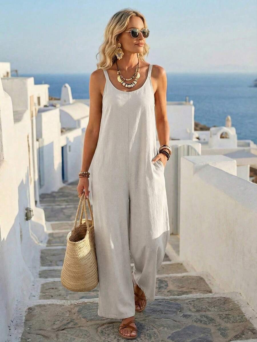 EMERY ROSE 女士休闲纯色卡其色阔腿连体裤