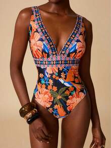 Swim Oasis Women's New One-Piece Printed Swimsuit With Long Sarong Skirt, Deep V-Neck Backless Sleeveless Vacation 2-Piece Swimwear Set - Multicolor - View 5