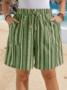 EMERY ROSE Plus Size Minimalist Print Pocket Shorts, Summer - Army Green - View 1