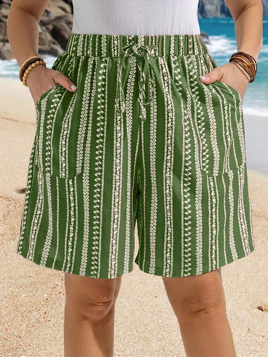 EMERY ROSE Plus Size Minimalist Print Pocket Shorts, Summer - Army Green - View 1