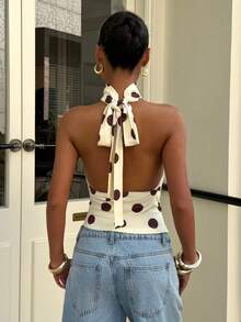 Muchica Women's Polka Dot Print Fashion Halter Backless Camisole For Going Out Outfits, Streetwear, Y2K Clothes, Pokadot Top - Yellow - View 2