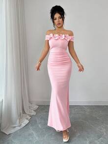 Rafferiza 优雅迷人性感露肩花卉褶皱紧身连衣裙，适合假日派对和春夏穿着 - 粉色 - 查看 3