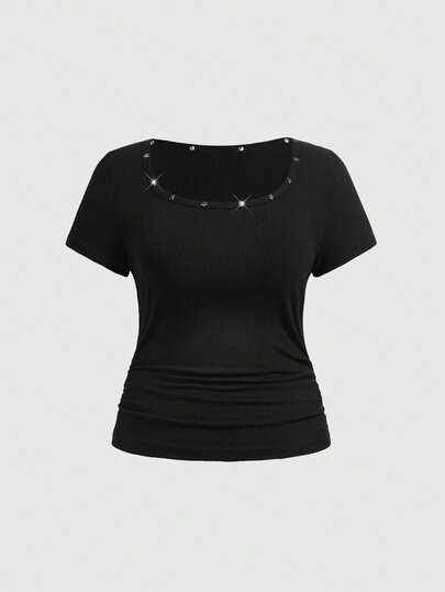 ROMWE Women's Retro Punk Rock Graphic Pentagram Studded All-Match Fitted T-Shirt