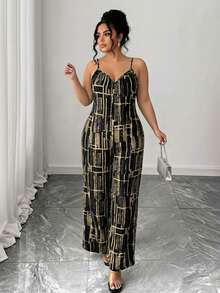 SHEIN Clasi Plus Size Women Geometric Print Sleeveless Loose Flattering Wide Leg Jumpsuit For Summer Vacation - Multicolor - View 6