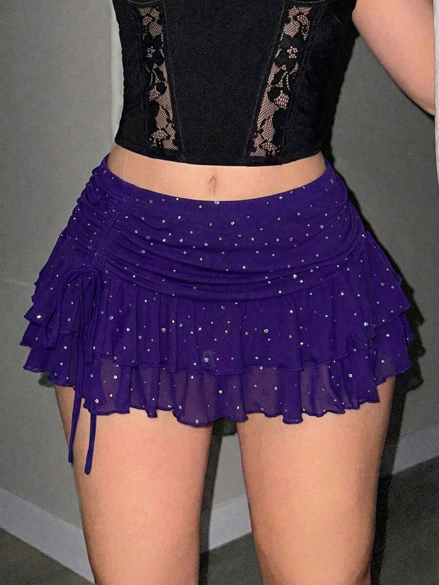 Sweetina 超低腰褶皱系带开衩高下摆水钻网纱迷你裙 - 紫色 - 查看 1